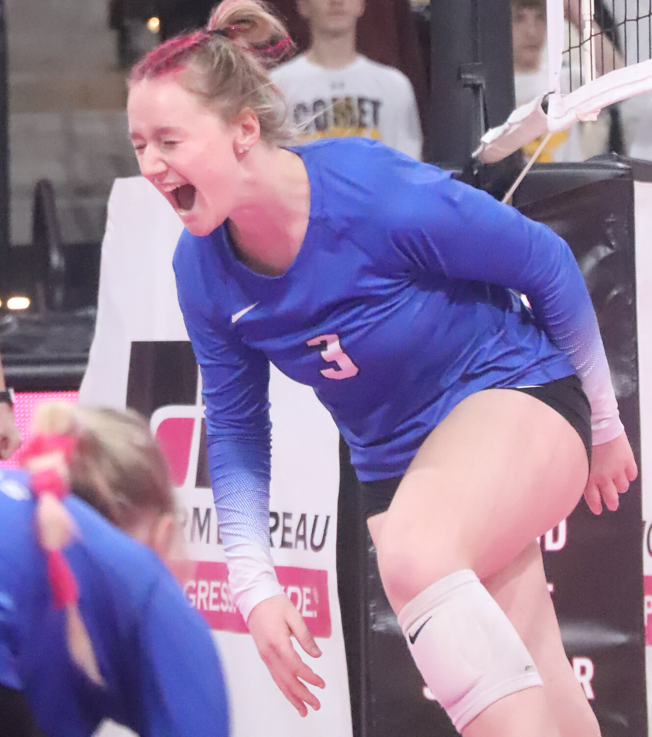 Freshman Adalyn Kruse shows some emotion after scoring on a kill in the second set to give HTC a 18-10 lead over Boyden-Hull enroute to a sweep in state semifinal action Wednesday night in Coralville.