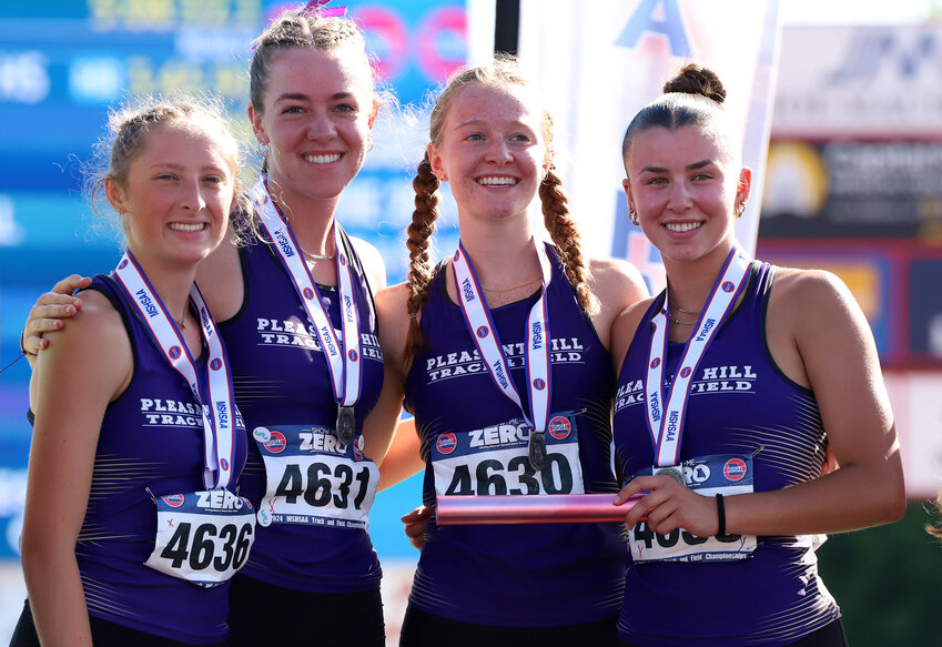The Pleasant Hill girls 1,600-meter relay team broke its own school record and finished second at the Class 4 state meet Saturday. Relay members were sophomore Laura Irwin, senior Ellie Beck, junior Brooke Beck and sophomore Rowen Hays.