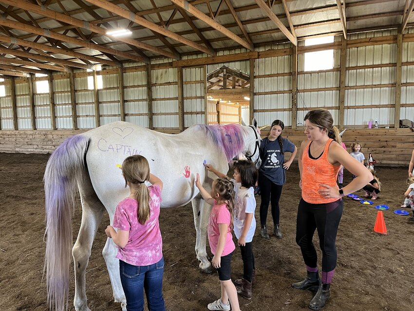 Shelby Norris-Leonard, far right, and Lily Huffmeister watch over Ada Nihan, Madeline Kurponois and Emi Cornell as they paint 22-year-old horse, Captain.