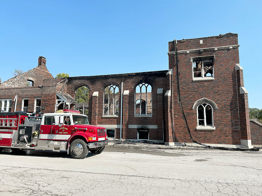 The First United Methodist Church, located at 202 E. Main St. in downtown Adrian, caught fire around 6 a.m. and a large portion of the building is destroyed.