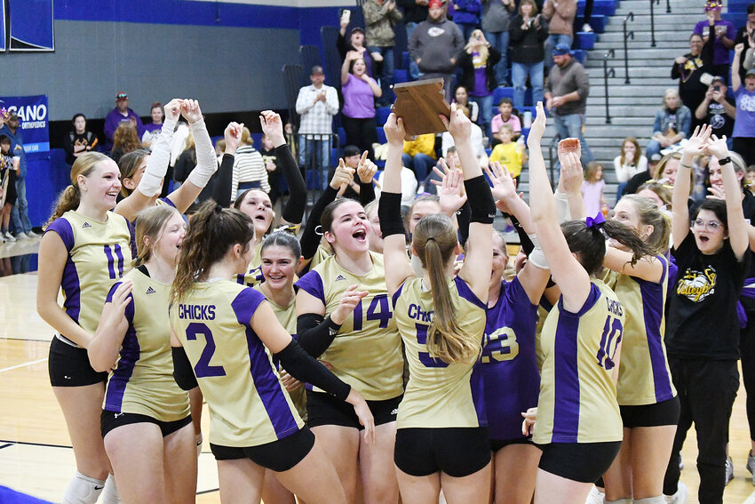 The Pleasant Hill volleyball team celebrates its district title win over Summit Christian on Saturday.