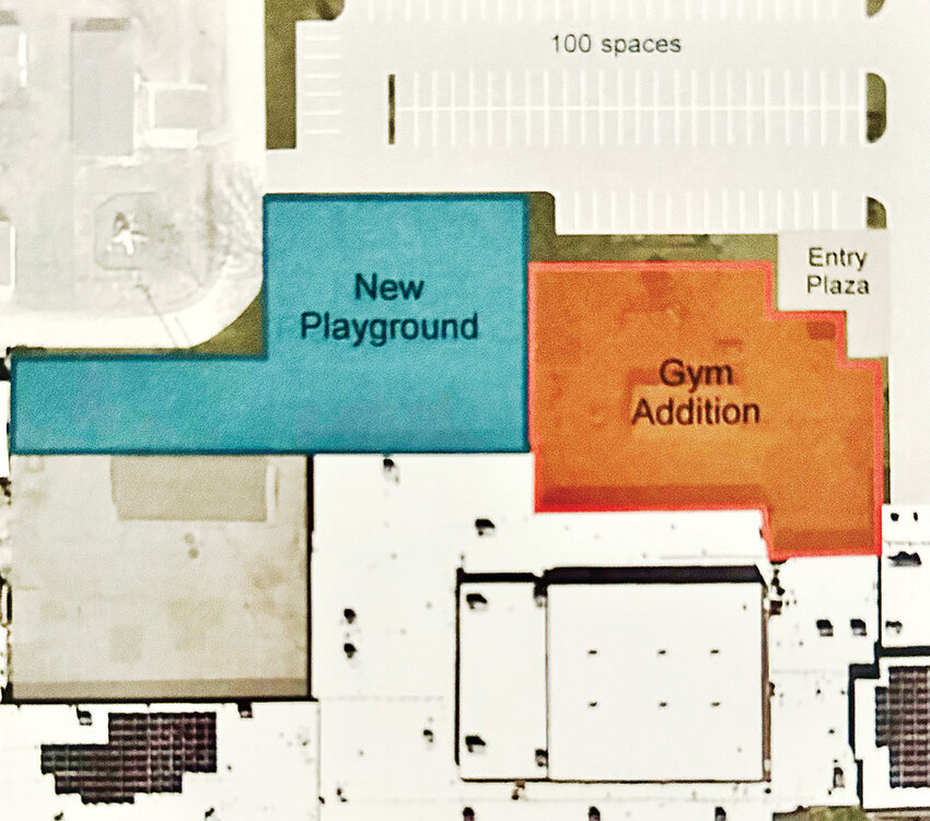 The no-tax increase bond issue proposal by the Adrian School District includes a new gymnasium and a new playground north of the schoool.