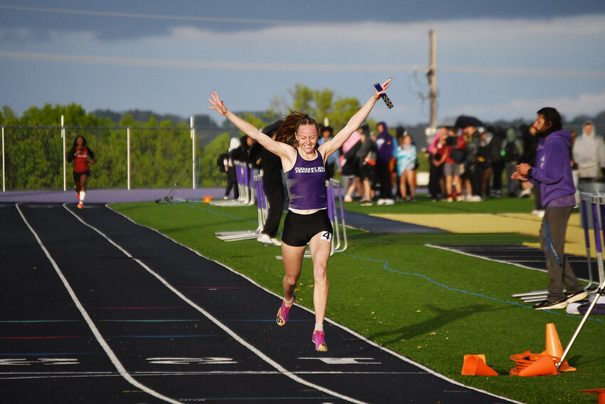 Harrisonville senior Kayleigh Norris won the 1,600-meter and 3,200-meter runs at the MRVC West meet Friday. It was the first time all season she’s competed in two races as she’s been battling back from an offseason injury.