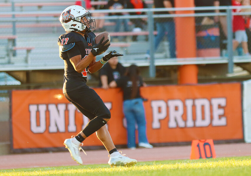 Julian Meraz returns a kickoff in this Sept. 27 file photo. Meraz caught eight passes for 96 yards and a touchdown, adding 97 kick return yards last week in Goodland.