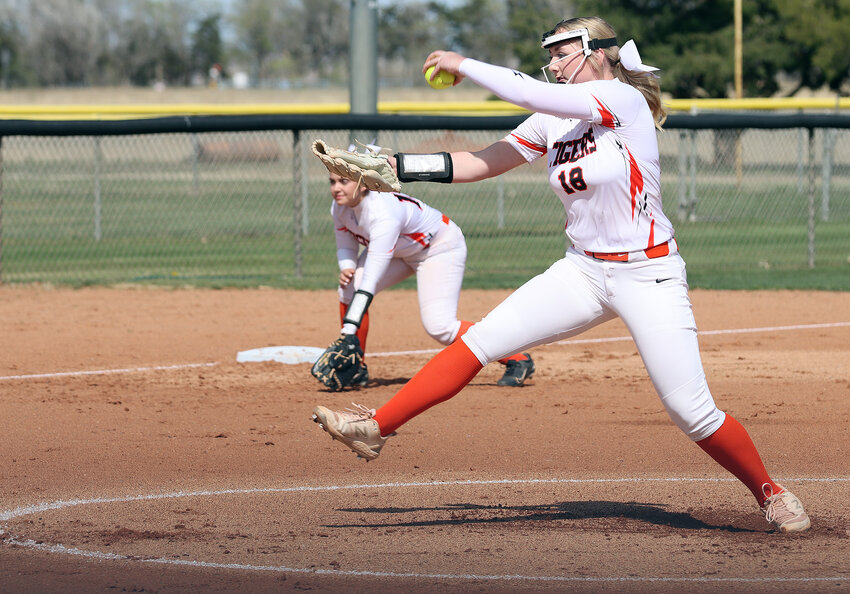 Ulysses senior pitcher Addi Harbour winds up to pitch April 8 in the home-opener against Cimarron. Harbour had 22 strikeouts and 15 runs batted in during the season opener at Scott City April 1.