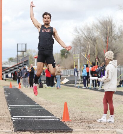 Aden Alvarado won the long jump at the Goodland Invitational April 15.