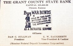As seen in the June 7, 1945 edition of the grant county republican (now the Ulysses News):  Grant county State bank was advertising war bonds as being sold by them without cost to the purchaser or the government as a patriotic service.