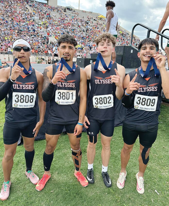 Julian Meraz, Parker Browning, Aden Alvarado and Gaige McGaughey from Ulysses wins the 4A boys 4x100m relay with a time of 42.80.
