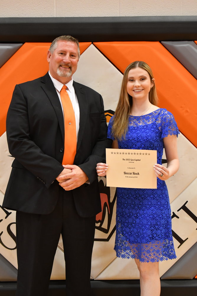 Senior Awards — Becca Rock was given the 2022 Gas Capital Scholarship from Mark Paul on Friday, May 13, 2022.