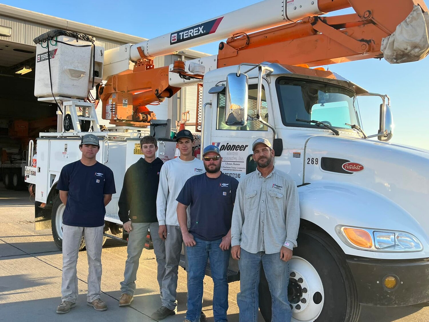 A line crew from Pioneer Electric Cooperative (Rowdy Martin, Orinn Norris, Chance Winner, Zane May and Scott Hittle) traveled to Aiken, South Carolina to assist with Helene recovery efforts.