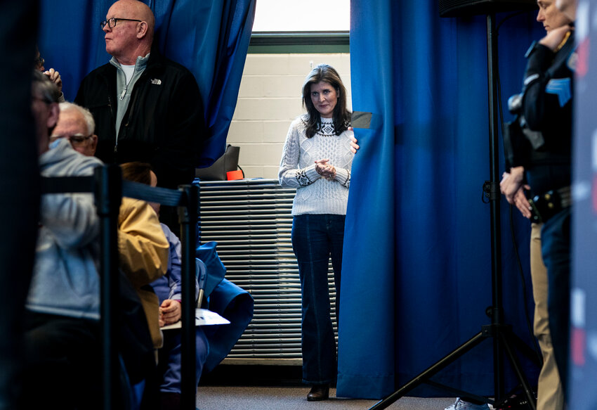 Nikki Haley meets voters during a rally at Gilbert H. Hood Middle School in Derry, N.H. on Sunday.