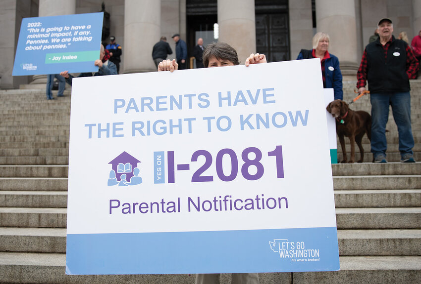 Demonstrators carry signs calling for passage of a parental notification initiative during a protest in Olympia. The initiative was approved by the Legislature.