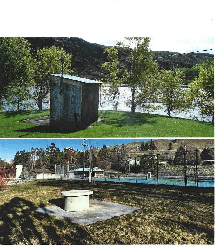 (Top) This old donated well house, damaged by a recent windstorm, has been removed by city maintenance staff. (Bottom) Where the well house stood, a concrete ring has been installed with a lid that can serve as a picnic table.