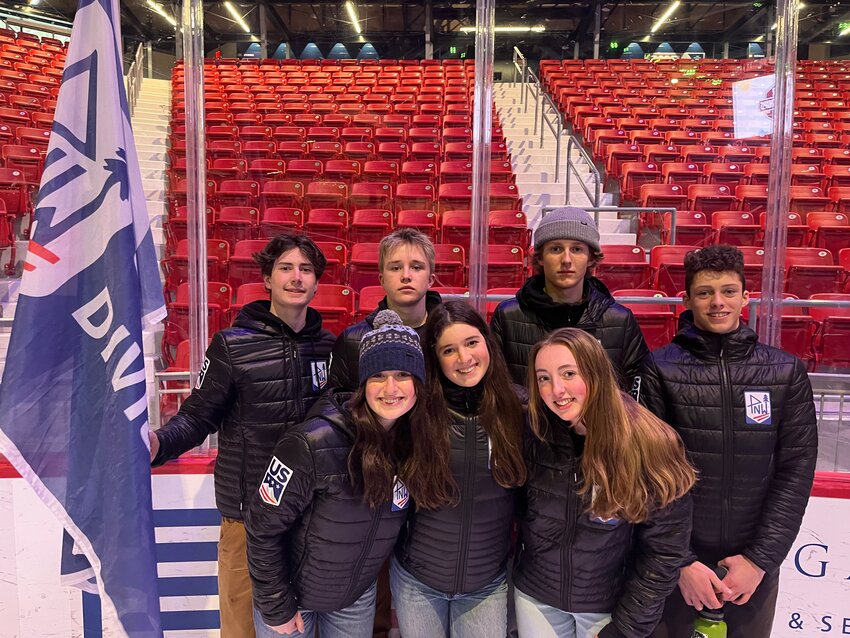 The CHS contingent representing the PNW at the opening ceremonies of the U.S. Cross Country Ski Racing’s Junior Nationals. Those ceremonies were held in Lake Placid’s Herb Brooks Arena, site of the “Miricle on Ice,” the iconic 1980 Winter Olympics hockey game in which an amateur United States side beat the professional Soviet Union team and went on to win gold.