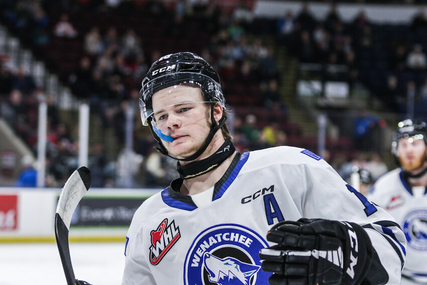 Wenatchee Wild forward Briley Wood pauses after celebrating his first-period goal in Tuesday’s Western Hockey League playoff game at the Kelowna Rockets. Kelowna moved ahead of Wenatchee in the best-of-seven series with a 5-1 win at Prospera Place.
