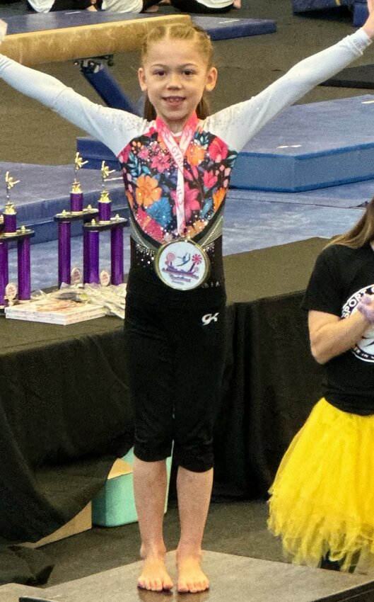 First grader Isla Fritz earned a first-place finish for her floor routine and placed twelfth for All-Around at State.