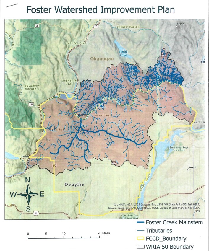 The Foster Creek Watershed encompasses northern Douglas County, part of Okanogan County, and about one-third of its area is comprised of Colville Reservation land.