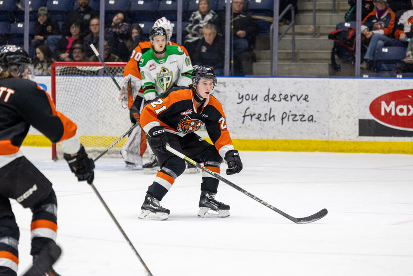 Defenseman Reid Andresen skates in a game for the Western Hockey League’s Medicine Hat Tigers this past season against the Prince Albert Raiders. The Wild announced the acquisition of Andresen and a third-round pick in the 2025 WHL Prospects Draft Thursday, in exchange for defenseman Jonas Woo.