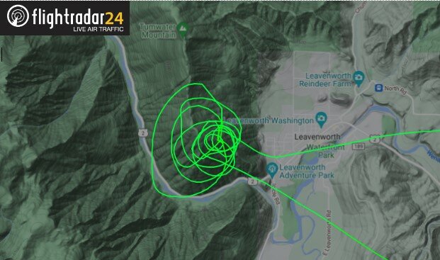 Swedish company Flightradar24’s flight tracking map of the Forest Service contracted helicopter, a Bell 205A-1 operated by Coastal Helicopters, that circled Tumwater Mountain on Wednesday, June 26, and inserted a crew of four and their equipment to knock down a lightning-ignited fire.
