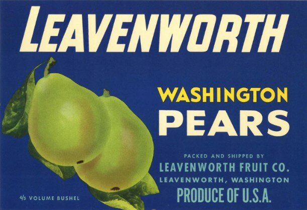 A postcard with the image of a fruit crate label used by the Leavenworth Fruit Company. The former company’s downtown warehouse stored fruit until the 1990s and stood in Leavenworth until 2012.