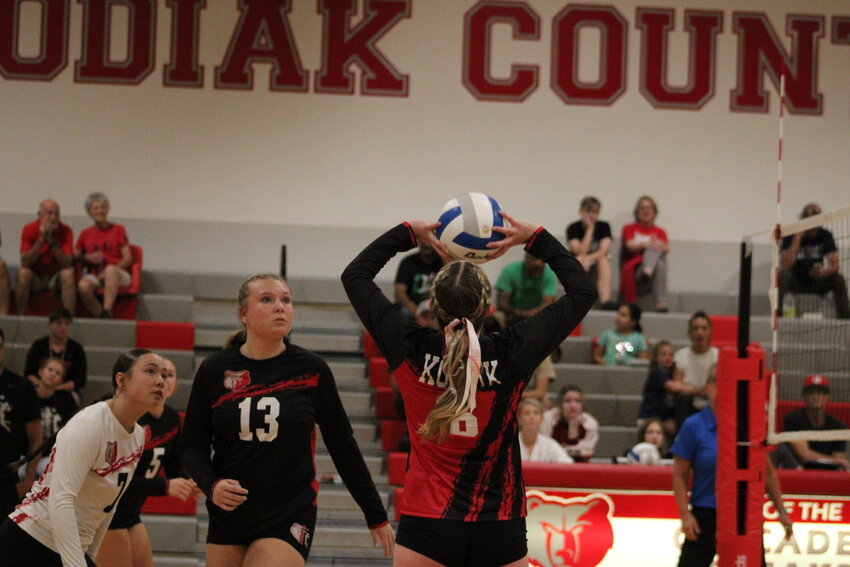 Kodiak setter Lola Rieke sets the ball for the Cascade hitters during their victory over Thorp Sept. 10.