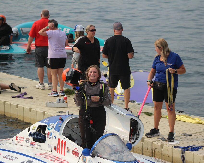 Marissa Bartels emerges from the cockpit following her victorious run.