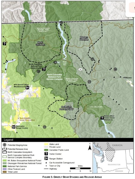 A map of the release areas for grizzly bears. There is no set time for when translocation of the bears will begin.