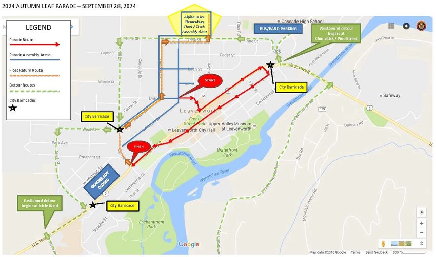 2024 Autumn Leaf Parade Route Map: Leavenworth prepares for annual festivities with detailed traffic plan.