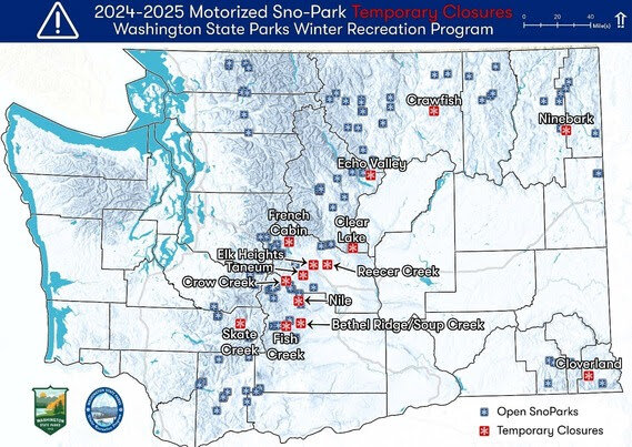 A map detailing the 14 motorized Sno-parks in Washington state slated for temporary closure during the 2024-25 winter season. The closures, marked in red, are part of a response to a 25% reduction in funds from snowmobile registrations that support the Washington State Parks Winter Recreation Program. The impacted parks include Echo Valley, Skate Creek, Bethel Ridge/Soup Creek, Crow Creek, Cloverland, Elk Heights, Fish Creek, French Cabin, Nile, Taneum, Reecer Creek, Crawfish, Nine Bark, and Clear Lake.