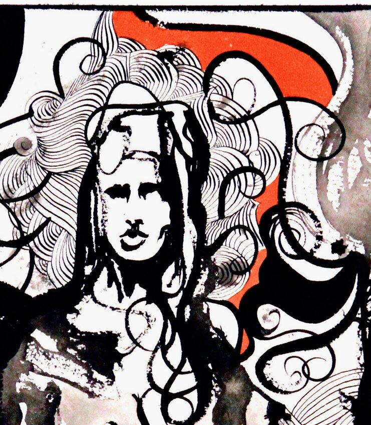 Local artist Lupillo Beltran's work combines bold graphic elements with cultural symbolism, as seen in this striking black and white portrait surrounded by swirling patterns and a vibrant orange accent. Beltran will explore the use of symbols in art during his upcoming presentations at NCW Libraries.