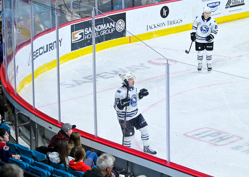 Wenatchee Wild captain Evan Friesen celebrates after scoring a goal Wednesday at the Kamloops Blazers. Friesen added two more Saturday in a 5-3 Western Hockey League loss at the Prince George Cougars.