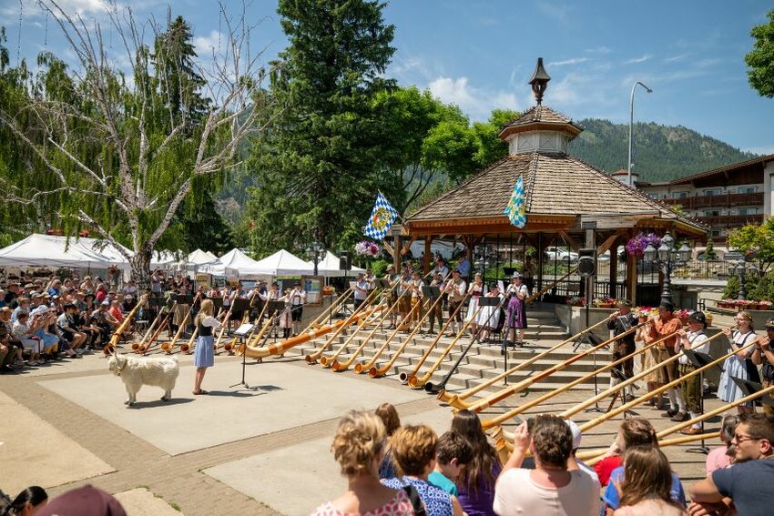 The Leavenworth Alphorns perform at the Front Street Gazebo.