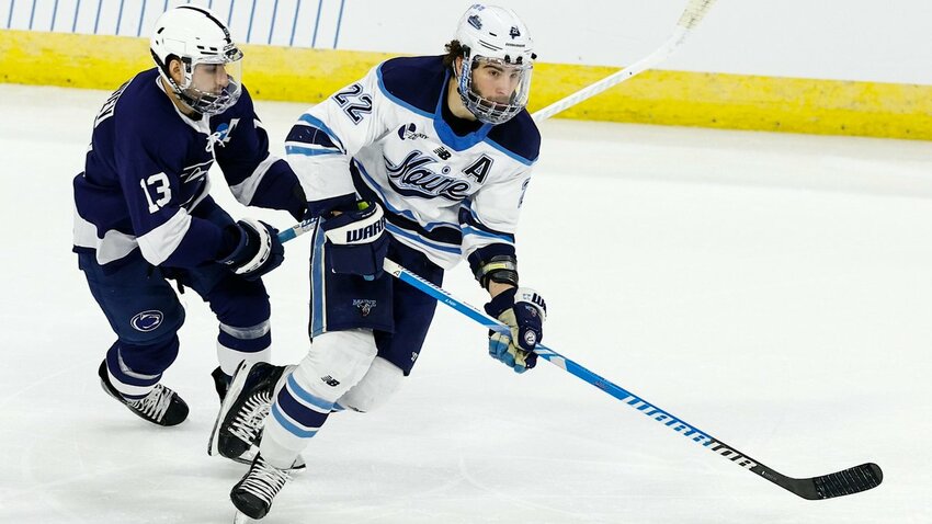 Wenatchee Wild alumnus Harrison Scott calls for a pass as he and the University of Maine Black Bears square off in an NCAA contest against the Penn State Nittany Lions. The Wild announced Monday afternoon that Scott had signed his first professional contract, a one-year entry-level deal with the Dallas Stars.