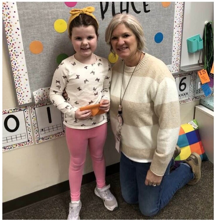 MOE First grader Finley (pictured with her teacher Mrs. McHargue) was an attendance award raffle winner earlier this year.