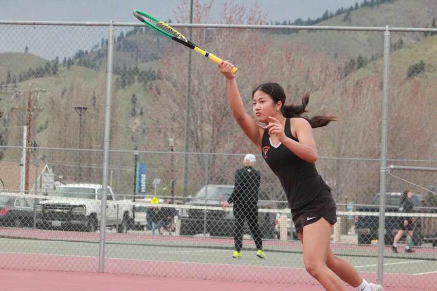 Mandy Barba is all business during her doubles match against Cascade on April 7. The duo of Barba and Hadley Westlund defeated Hazel Eschen and Harper Baker, 6-3, 3-6, 7-6.