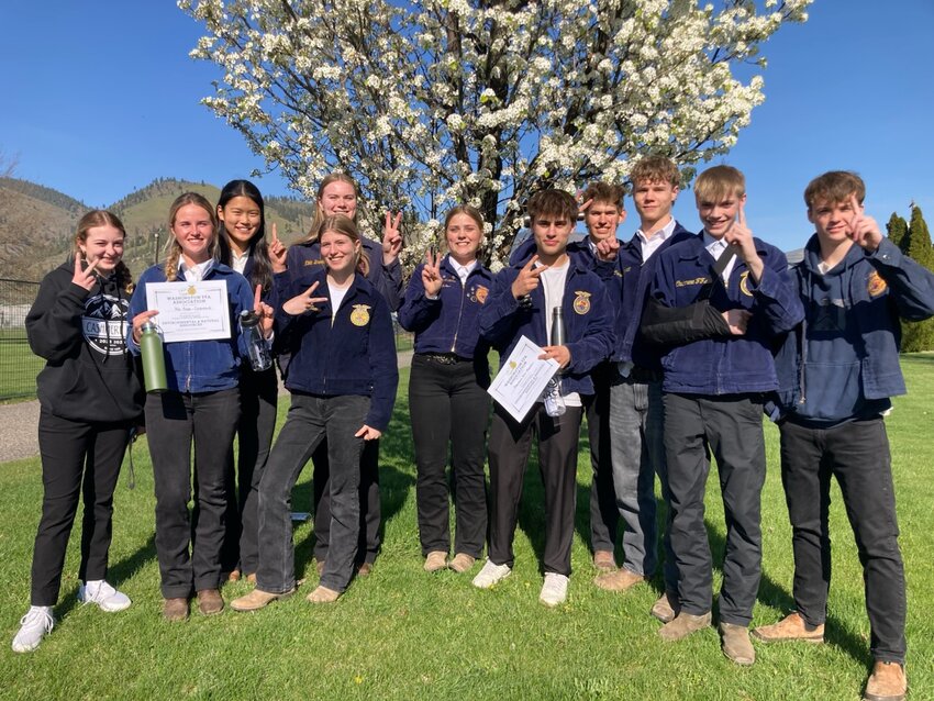 1st and 2nd at the State FFA Competition held at the Chelan County Fairgrounds on April 14. The first-place team earned a trip to the National FFA Competition in Indianapolis this fall. From left: Kaelee Cox, Adi Poole, Abigail Kim, Addison Talley, Gracie Nieman, Madisyn Stoffel, Marshall Pell, Braden Dahlstrom, Finn Smith, Logan Potter, and Colton Stendera.