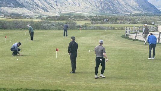 From left, Harlan Robison, Zack Ward, Andrew Pham, and Mike Tsoukalas await the shotgun start of the afternoon of Gamble Sands golf.