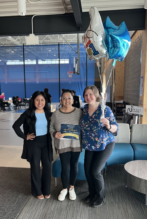 From left, WVC Foundation Development Director Lupe Brito, 2025 Distinguished Alumni Award recipient Bertha Sanchez, and WVC Foundation Executive Director Rachel Evey during a surprise presentation announcing Sanchez as this year’s honoree.