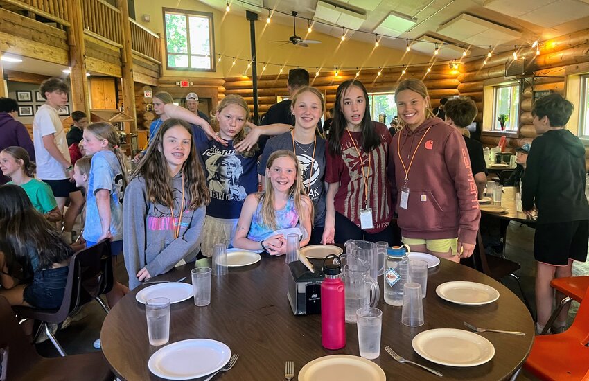 All smiles: Icicle River Middle School sixth grade girls in the Tall Timber Ranch dining hall during Cascade School District’s Sixth Grade Camp in the last week of May.