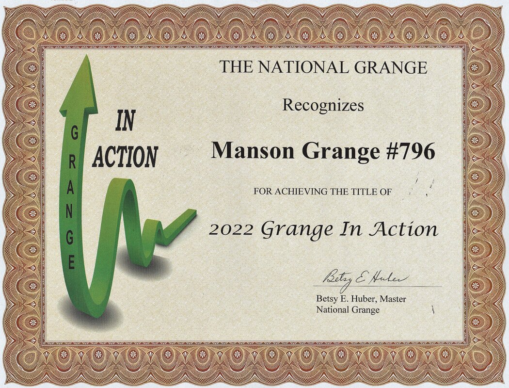 The Manson Grange was honored at the at the National Grange Leadership Conference held in Nevada. The Manson Grange received two awards:  “Net Gain in Membership” and “2022 Grange in Action”.