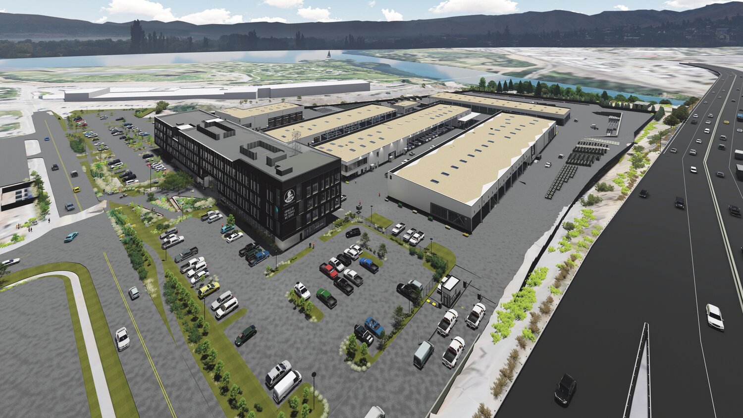 Aerial from North: An artist rendering of the new Chelan PUD Service Center at Olds Station. Construction begins this month and will continue until late 2022. 
Artist rendering courtesy Chelan County PUD