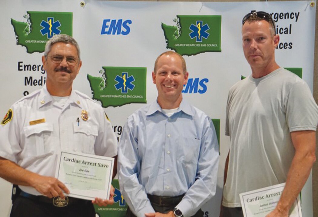 Receiving Cardiac Arrest Save Awards were left to right: Mark Donnell of Chelan Fire District #7, Dr. Jobe (award presenter), and James Ashmore of Lake Chelan Community Hospital EMS.