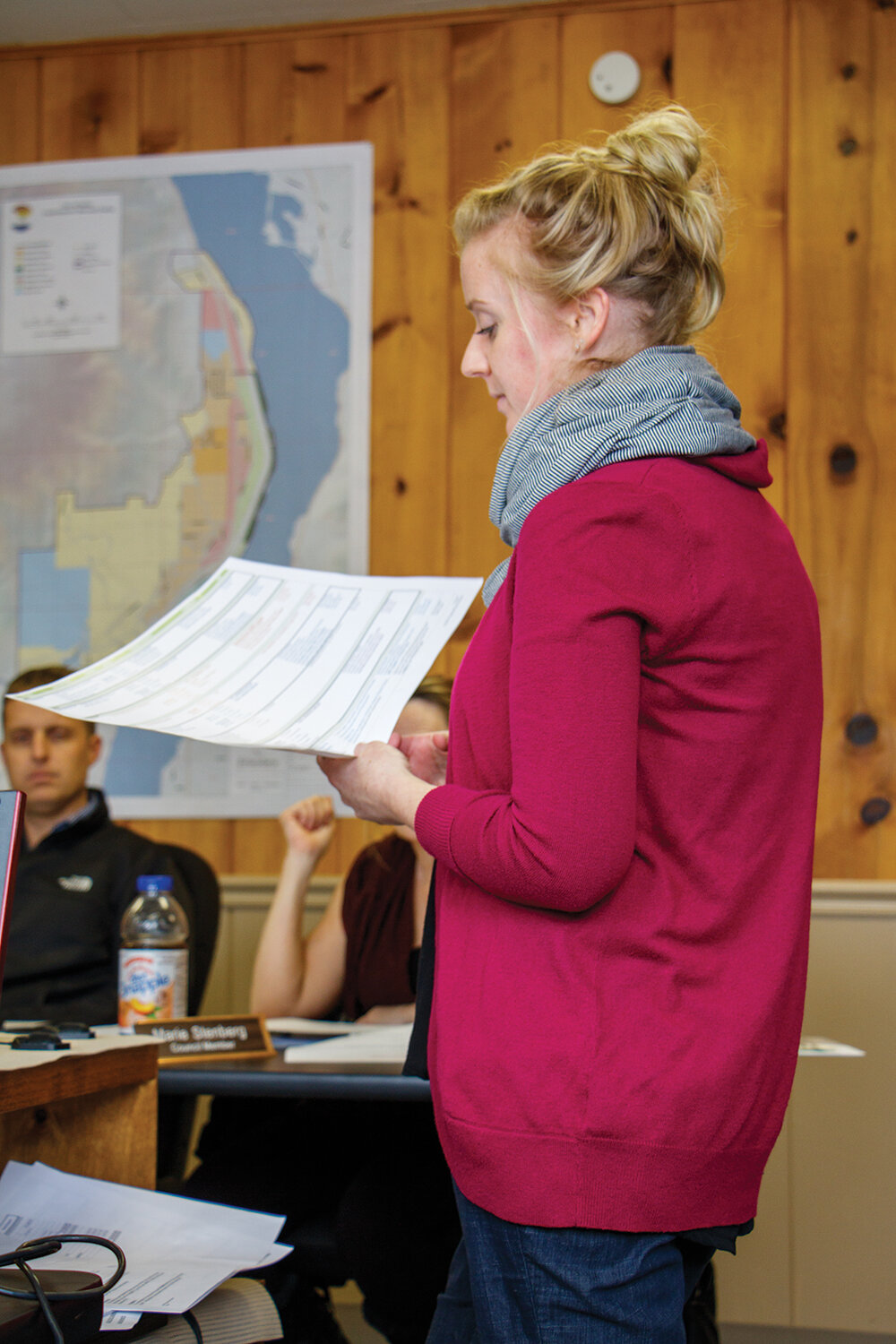 Kara Raftery, of Pacific Engineering, explains grant and action options for upcoming projects to councilmembers, Thursday, Jan. 25 at Council Chambers in Entiat.