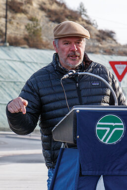 Chelan Mayor Mike Cooney participates in the grand opening of the SR 150/No-See-Um Road roundabout, Wednesday, Nov. 29, providing an appreciative speech and cutting the ribbon.