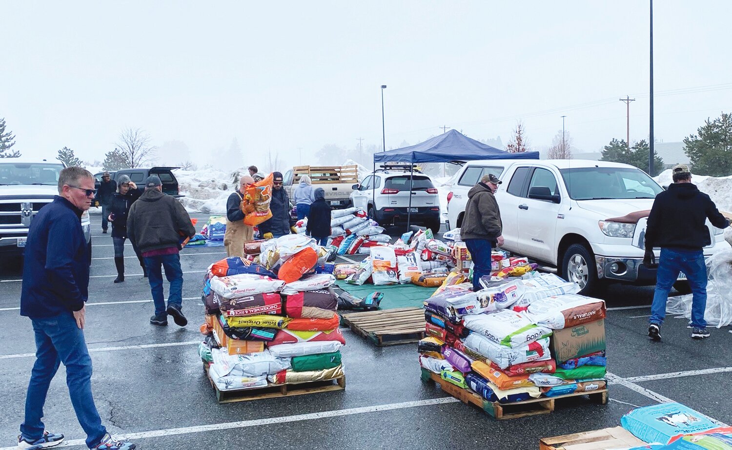 Volunteers transfer food into vehicles for delivery to hungry dogs and cats.
Courtesy Team Okanogan