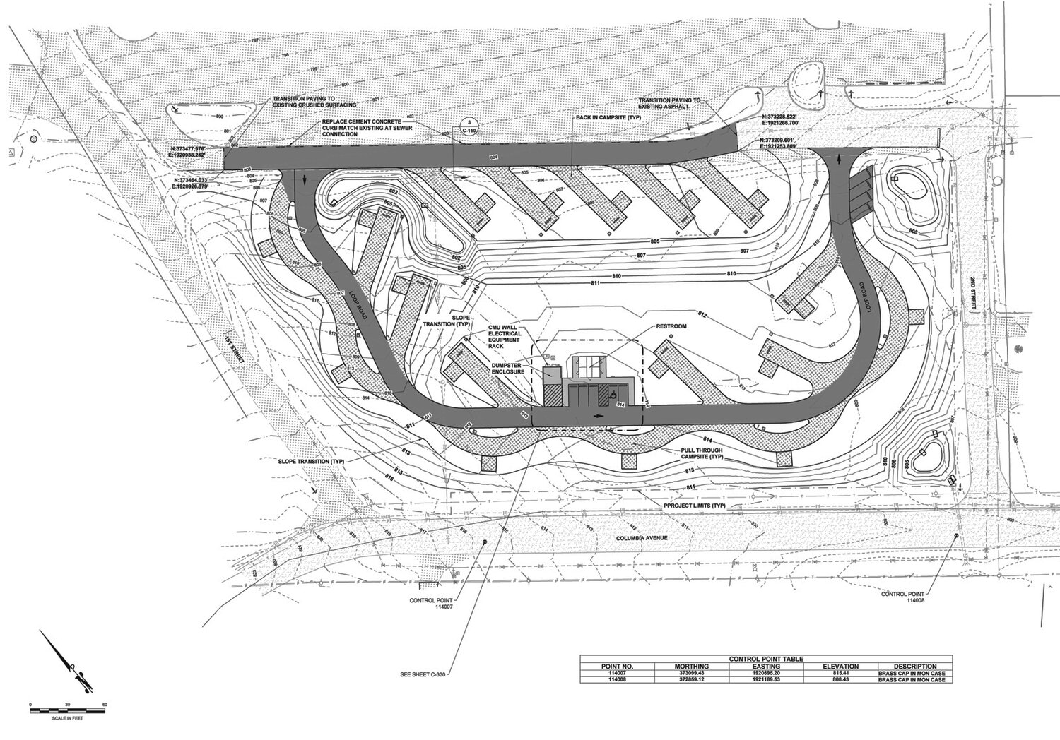 This PUD schematic shows the arrangement of the 17 RV spaces with 11 inside the Loop Road and the remaining six around the perimeter.