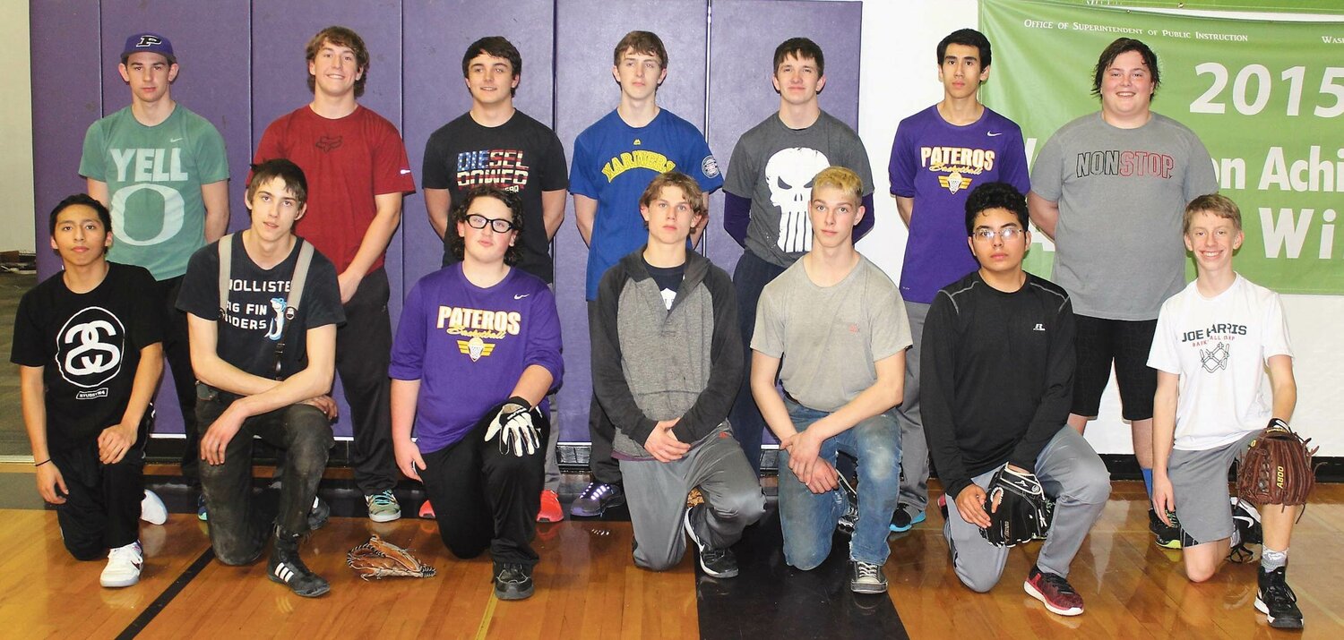 Members of the Pateros Billygoats varsity baseball team include, front row, from left: Andrew Gonzalez, Jess Ginter, Zane Dodge, Kobe Thixton, Slade Ginter. Osvaldo Amaya, and Lucas Miller. Back row, from left are: Dakota Poole, Logan Robinson, Max Ewing, Tag Easter, Jeremy Piechalski, Alex Vargas, and Doug Viebrock. Not pictured are Dan Rossman and Scott Moore.