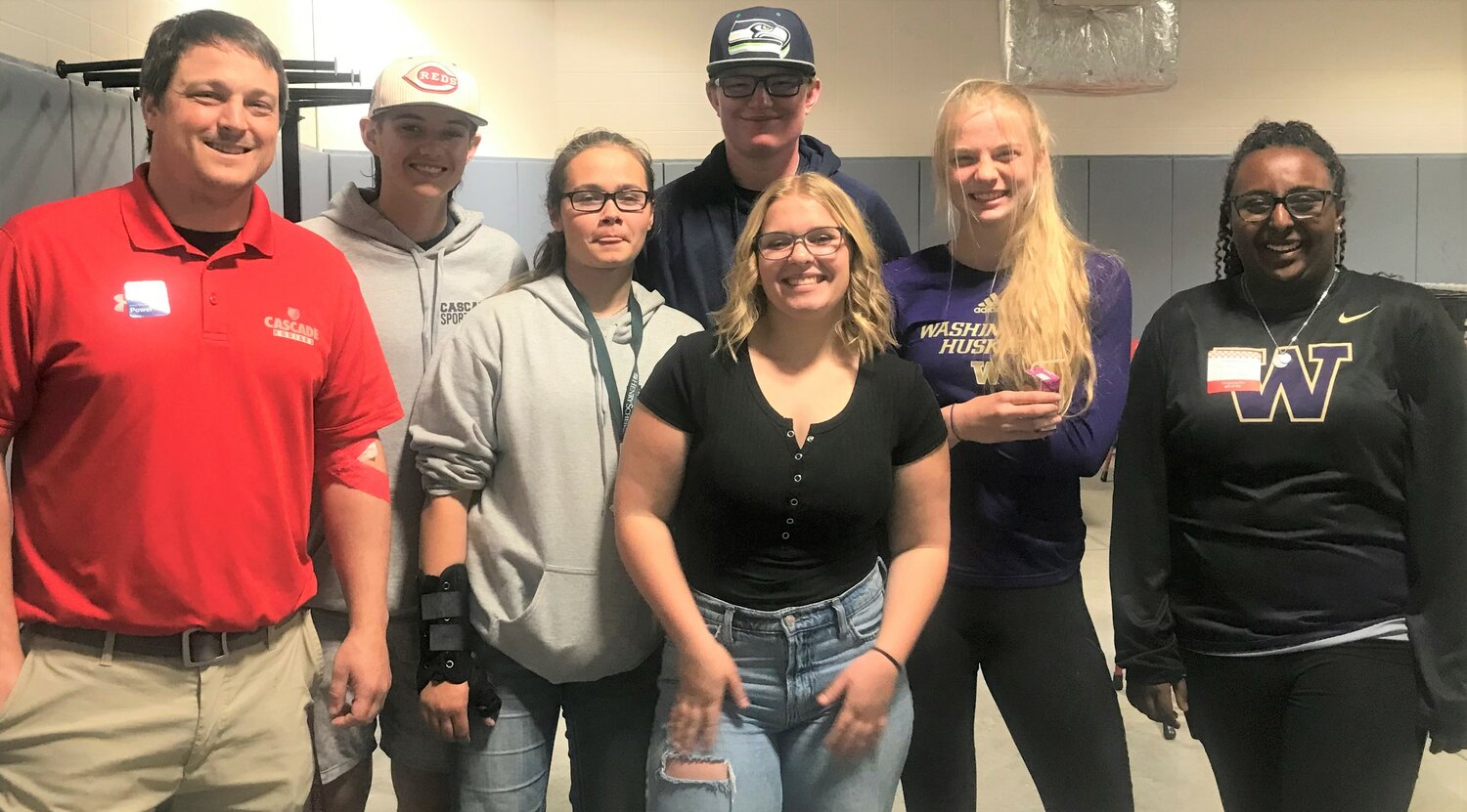 ASB and Sports Medicine Club Advisor Jon Betz and students from left, Mackenzie McLeod, Trenton Holland, Teagan Sauer, Grace Redman, Teyva Dillion, and Connor Schoenwald, gather during CHS’s annual blood drive. 
Photo Credit: Maddy Black