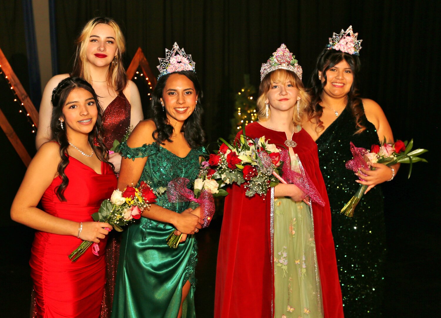 Left to right: candidate Lexi Cesar, candidate Aniyah Galdarisi, Princess Natalee Reyna, Queen Isabelle Harris and Princess Liliana Narvaez.