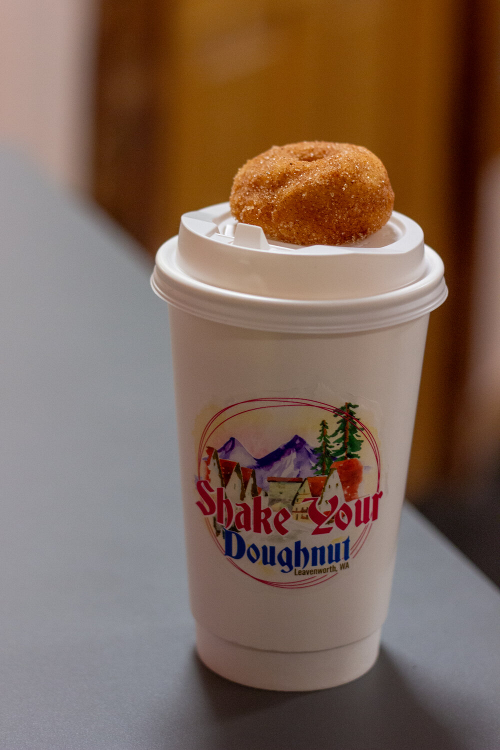 A latte topped with the shop’s original mini-doughnut. Every specialty drink comes with a mini-doughnut on top.